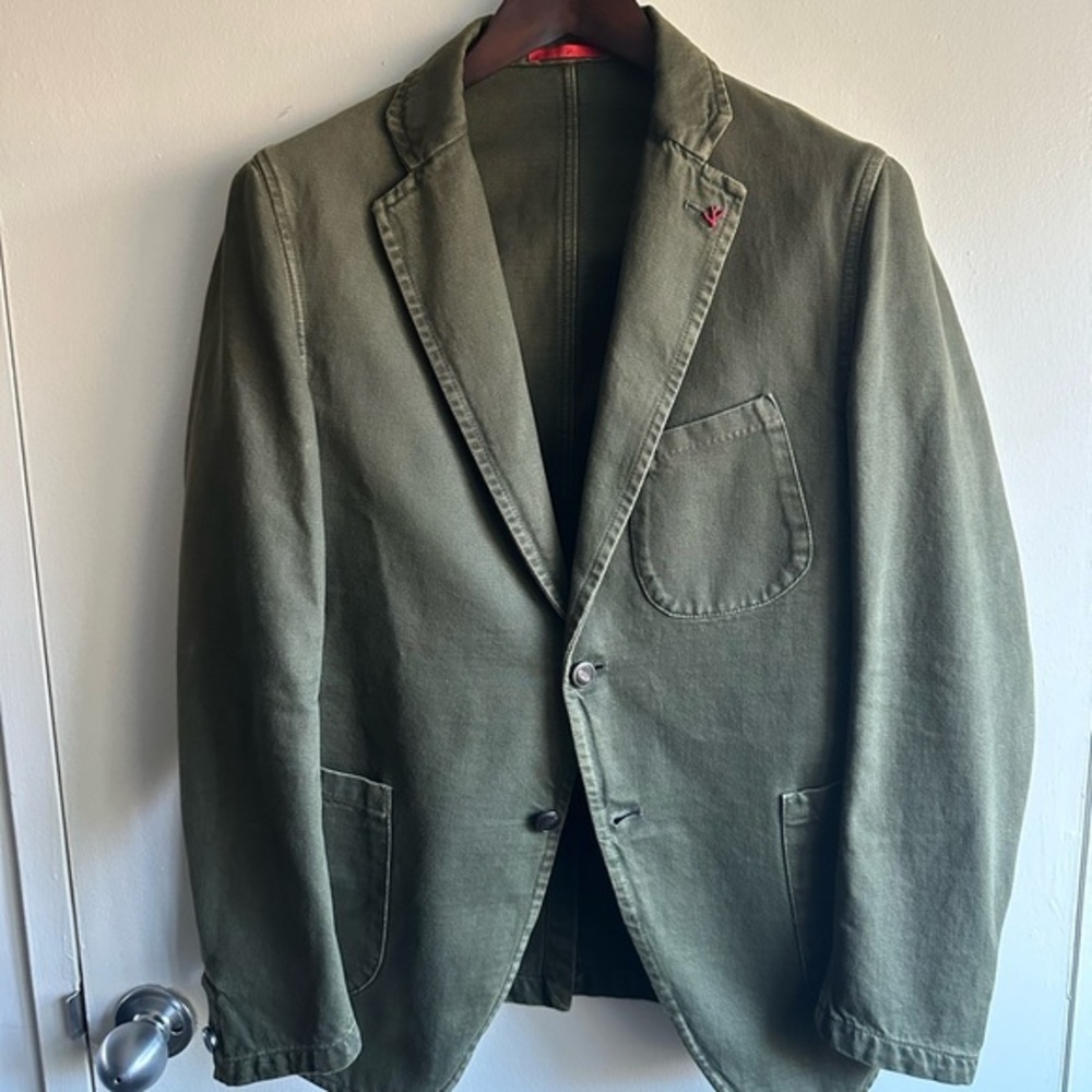 Isaia Forest Green Cotton Deconstructed Blazer